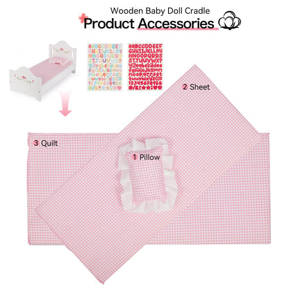 PHOKID Wooden Baby Doll Crib Set, Baby Doll Bed Toys for 18 Inch Dolls, with Bedding and Canopy, Baby Doll Furniture Accessories