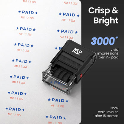 NEO MARK Self-Inking Date Office Stamp with Paid Blue Ink & Date Red Ink, 12-Year Adjustable Rubber Dater, Ideal for Documents, Business & Accounting - with an Extra Refill Ink Pad