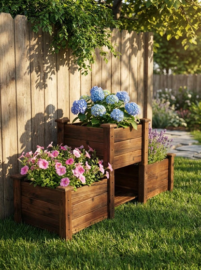 Borsynium Wooden Raised Planter Box Set, 3-Tier, Carbonized Brown, Outdoor Garden Bed, Rustic Style