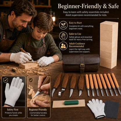 26Pcs Deluxe Wood Carving Kit, Whittling Knife Set with Leather Storage Case, Basswood Blocks & Safety Gloves, Woodworking Tools for Beginners Adults Kids, DIY Craft Gift for Men Teens