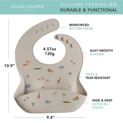 Loulou Lollipop Soft, Waterproof Silicone Feeding Bib for Babies and Toddlers 3 to 36 Months, Easy to Clean, Adjustable Fit and Catch-All Pouch - Safari