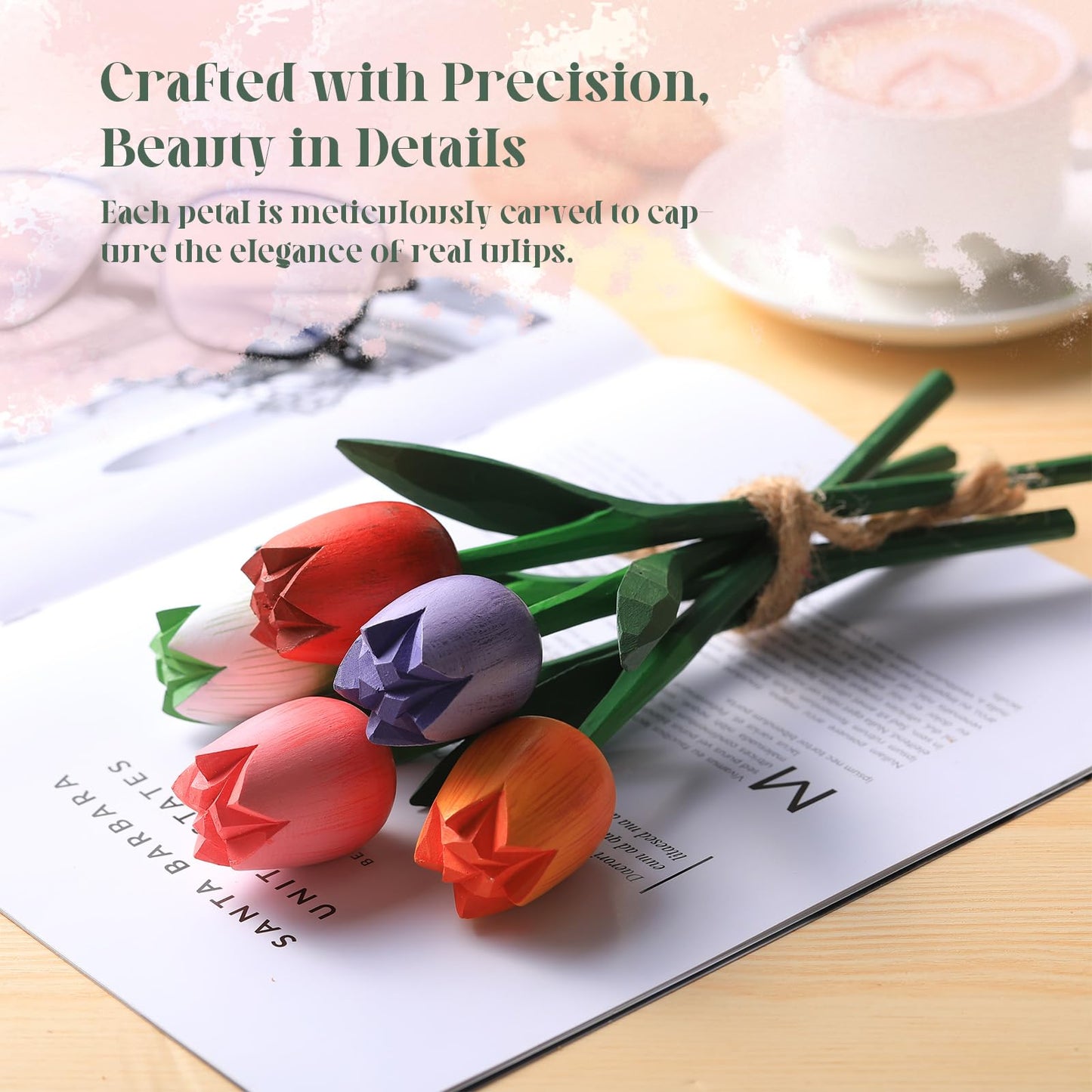 CroBlissful 10 Pcs 9 Inch Spring Wooden Tulip Flowers Gift for Graduation Spring Decorations for Home Wood Tulips Table Centerpieces for Vase Tabletop, April Showers Bring May Flowers Decor