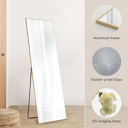 OLIXIS Full Length Mirror for Bedroom, 68"x26" Full Body Mirror with Stand, Hanging or Leaning for Wall, Aluminum Alloy Thin Frame Floor Standing for Living Room, Long, Gold