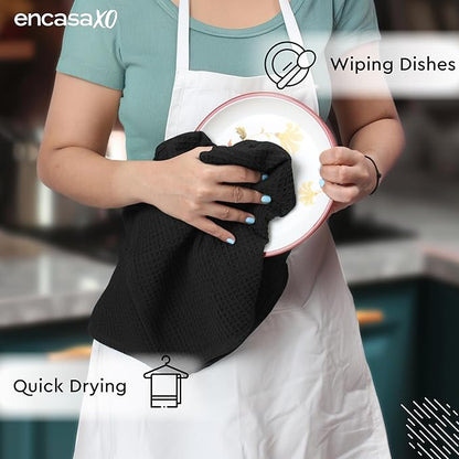 Encasa XO Kitchen Dish Towels Set | Black | Waffle Weave and Flat Hand Tea