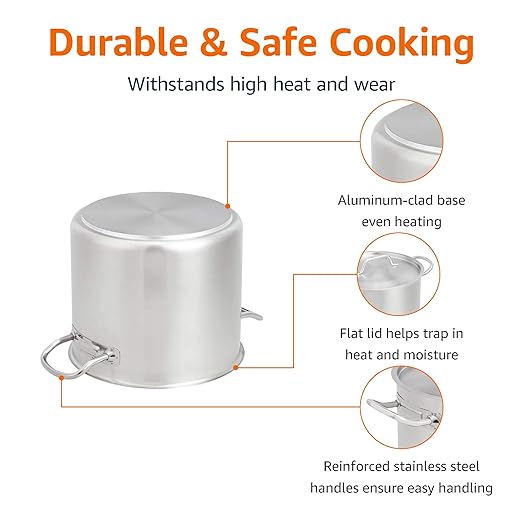 Amazon Basics 12 Quarts Stainless Steel Aluminum-Clad Stock Pot with Cover, Induction Compatible, Dishwasher Safe, Oven Safe, Even Heating, Soup and Pasta Pot