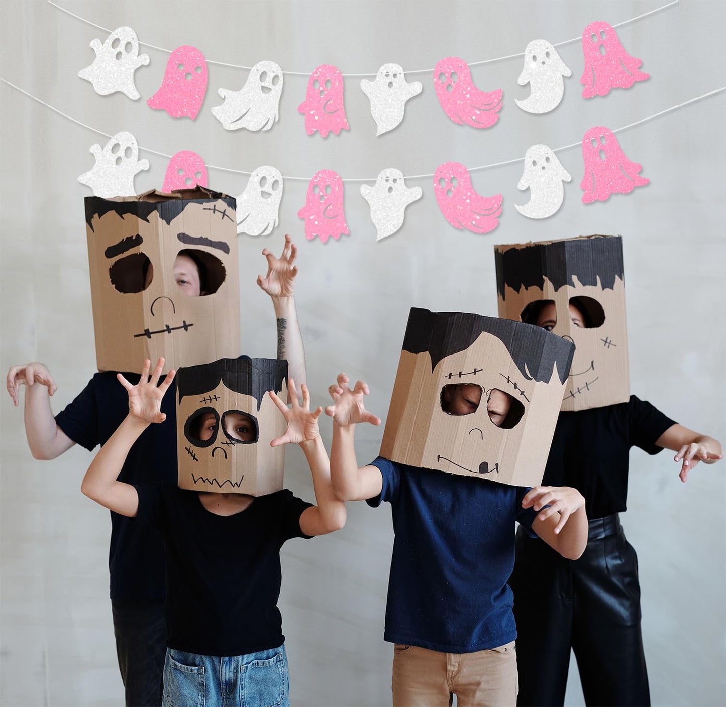 JKQ 3 Pack Glitter Halloween Ghost Banner White Pink Glittery Happy Halloween Party Ghost Hanging Decorations for Haunted Houses Indoor Outdoor Home Wall Mantle Fireplace Mansion Party Supplies
