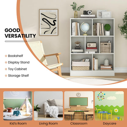 Costzon 7-Cube Bookshelf for Kids, Wooden Toy Storage Organizer w/ 2 Anti-Toppling Kits, 3 Tier Open Shelves & Non-Slip Foot Pads, Montessori Toy Shelf for Kids Rooms, Playroom, Classroom, Nursery