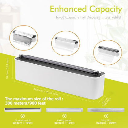Aluminum Foil & Plastic Wrap Dispenser with Cutter - Magnetic & No-Drill Wall Mount, Cling Film Dispenser for Countertops & Cabinets, Space-Saving Kitchen Organizer - Fits 300 m Rolls, Black