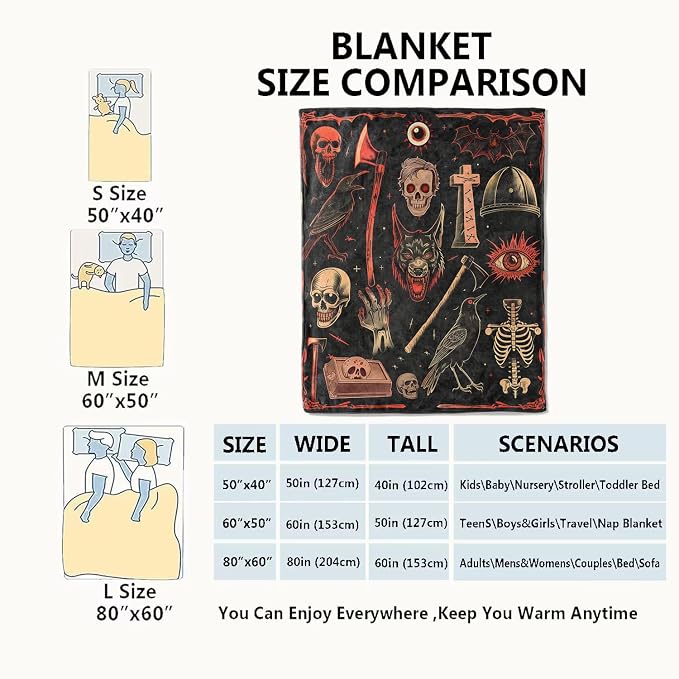 Vintage Gothic Horror Blanket,Creepy Goth Skeleton Skulls Bats Fun Throw Blankets,Gifts for Women Men, Lightweight Soft Fleece Cozy,for Couch Bed Room,Festival Halloween Decor,40x50in