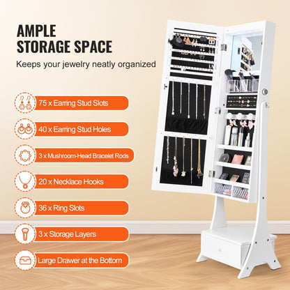 VEVOR Jewelry Cabinet Armoire, 62-Inch Tall Lockable Jewelry Organizer with Full-Length Mirror, LED Light, Velvet Lining, Drawer, Freestanding, White