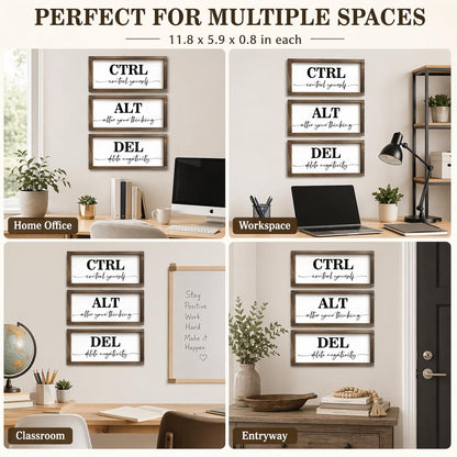 Pinetree Art Motivational Wall Decor for Office, Set of 3 Rustic Wooden Framed Signs, CTRL ALT DEL Inspirational Wall Art for Home Office, Classroom, Desk Wall, Positive Mindset Decor, (6"x12"x3)