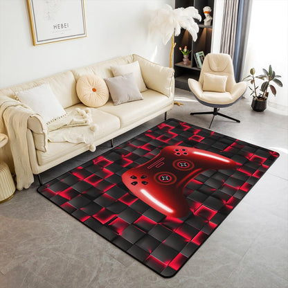 Erosebridal Gamer Non Slip Rug for Boys,Red Gaming Area Rug for Boys,Kids Neon Lights Gamepad Carpet,Ombre Gradient Glowing Checkered Indoor Floor Mat Grid Lattice Decor for Playroom Kitchen 3x5