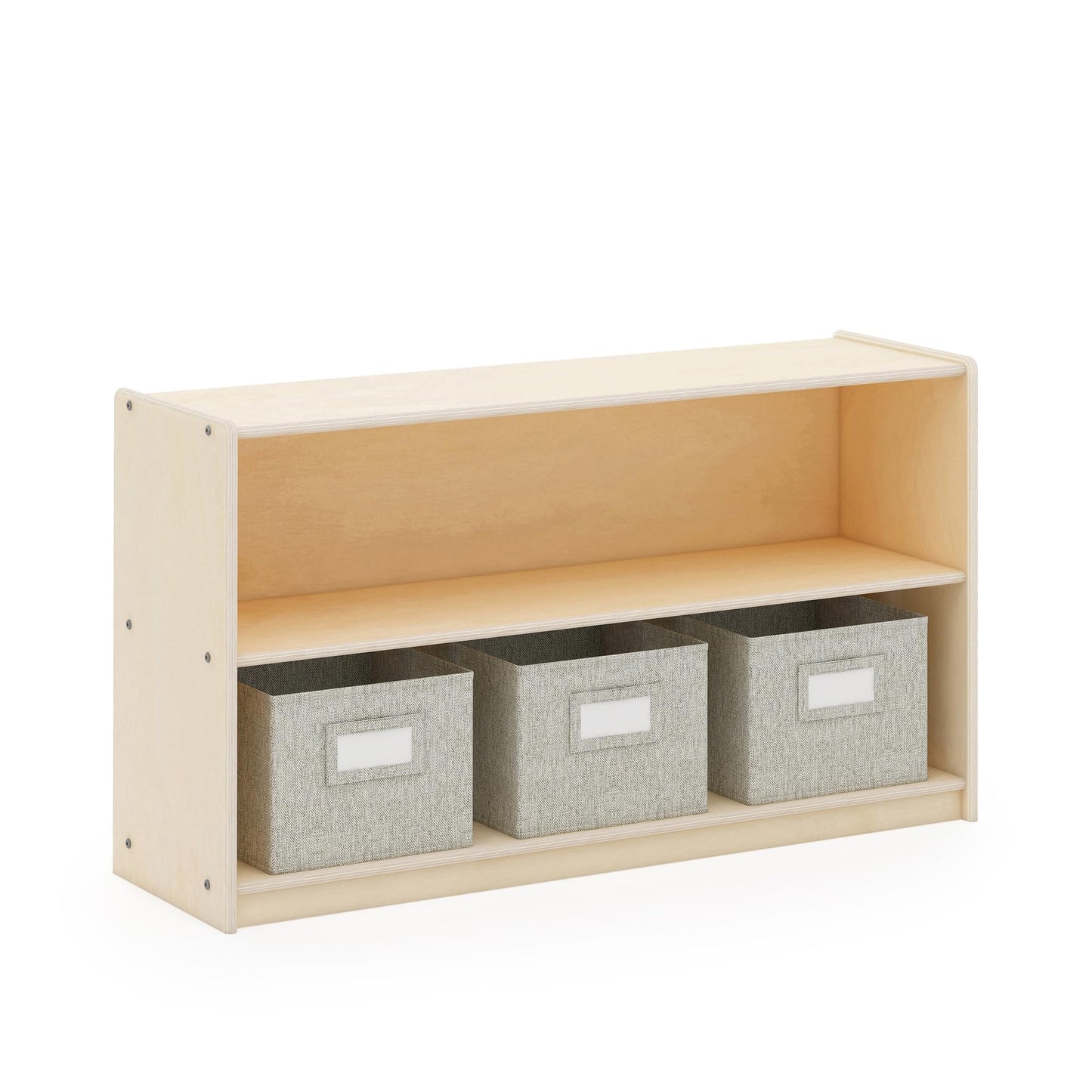 Guidecraft EdQ Two Shelf Open Storage 24'' Natural with 3 Fabric Bins: Wooden Multi-Purpose Bookcases and Toy Storage Organizer; Homeschool and Classroom Furniture