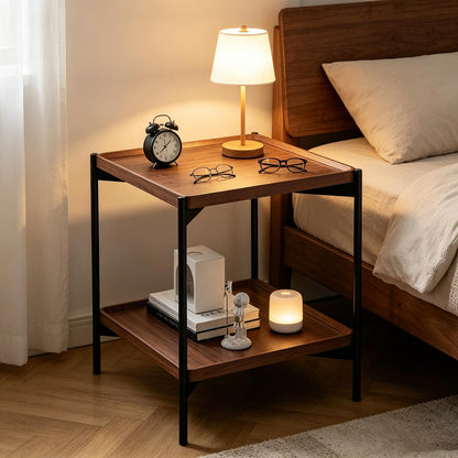 GTIWROTN 2 Tier Side Table, Small Square End Table with Sturdy Metal Legs, 20 inch Nightstand for Living Room, Bedroom, Office and Small Spaces (Walnut)