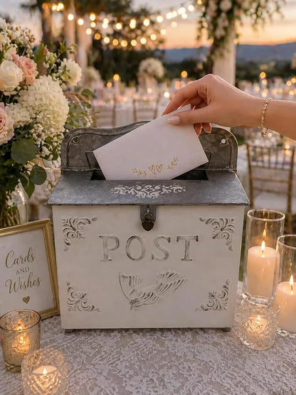 Vintage Style Wedding Card Box – Nostalgic Farmhouse Keepsake Holder for Cards, Wishes & Treasured Moments (White Horizontal)