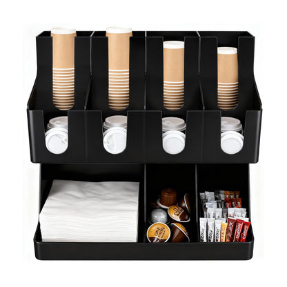 WELKOR Commercial Cup and Lid Holder with Straw Organizer,Disposable Coffee Cup Condiment Dispenser for Countertop Org, Coffee Bar, Beverage Cup, Kitchen, Breakroom (11 Compartment Upright)