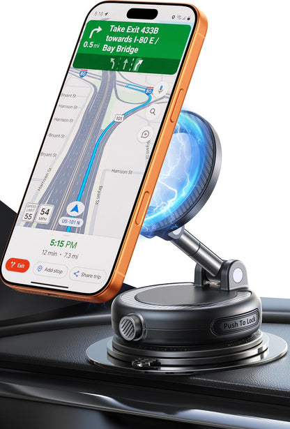 Moeila NeverFall Car Phone Mount for MagSafe, 89lbs Vacuum Suction, Strong Magnetic Dashboard & Windshield Mount, 360° Adjustable Phone Holder for iPhone & All Phones, Carbon Fiber