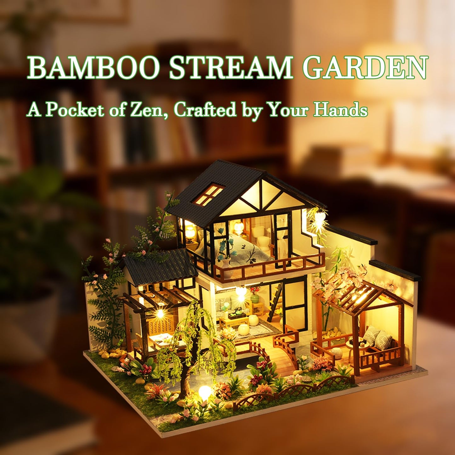 OZJAY DIY Miniature House Kit, Tiny House Kit with LED, DIY Wooden Dollhouse Miniature Kit for Adults Teen, Dollhouse Kit, Mini House Kit for Birthday Christmas Father's Day, Bamboo Stream Garden