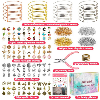 Sofier 542pcs Bangle Bracelet Making Kit DIY Jewelry Making Kit and Supplies Expandable Charm Bracelets Pendants Plier Set Toy Art Craft Gift for Girl Teen Women Adult