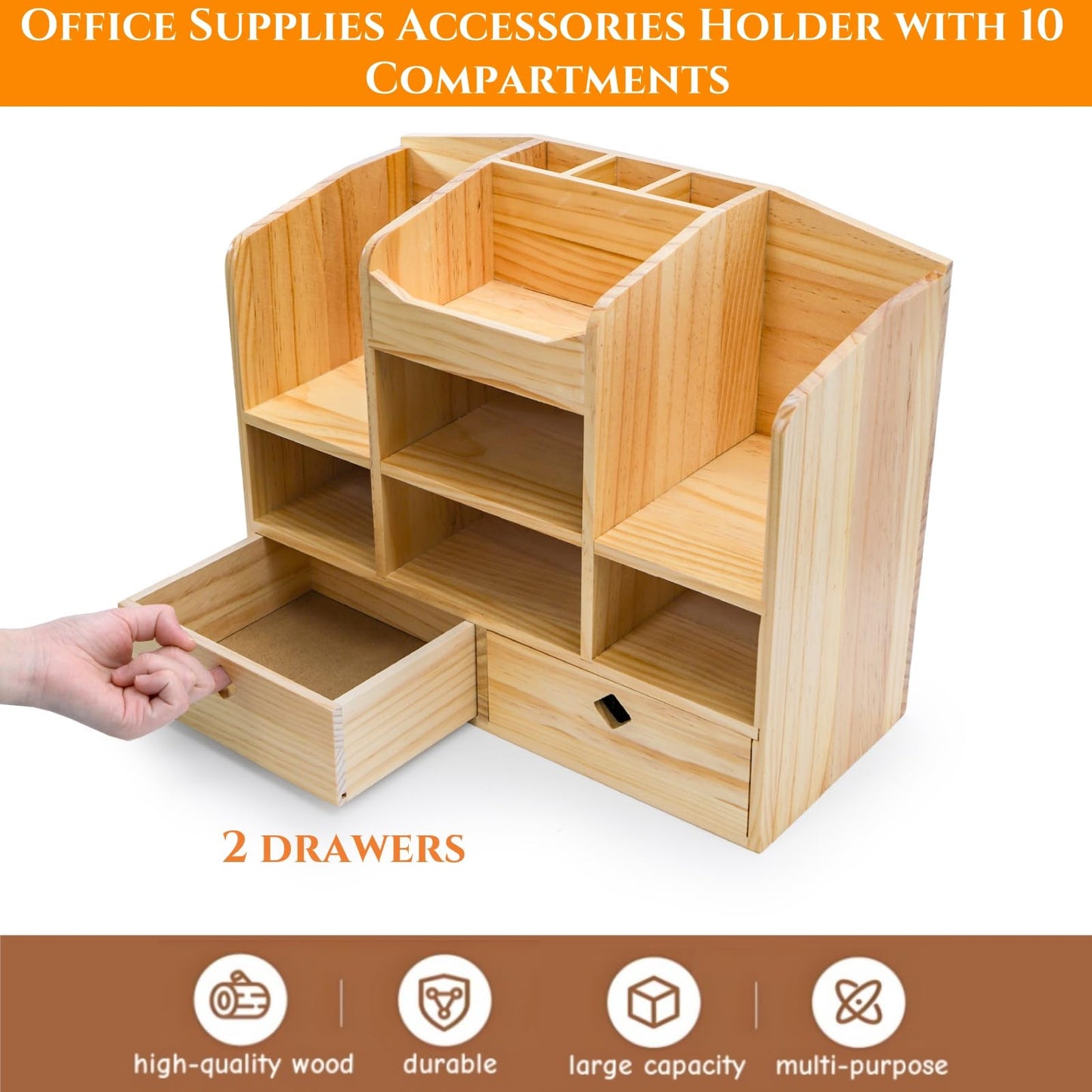 Acshio Wooden Desk Organizer with Drawers, Large Countertop Office Supplies Accessories Organization with 10 Compartments, Multifunctional Storage Box Makeup Storage Shelf Rack for Home, Office