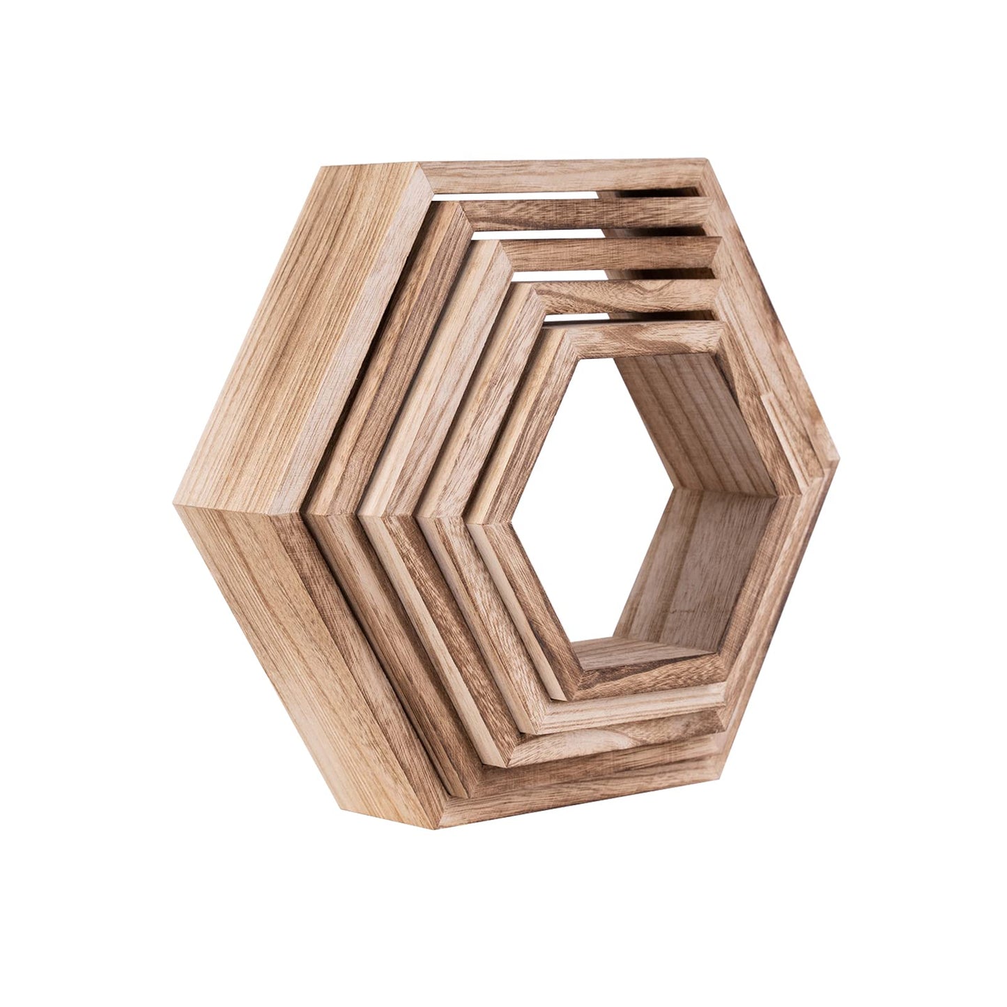 WONFUlity Hexagon Floating Shelves Honeycomb Shelves Wall Mounted Wood Farmhouse Storage Wall Shelf for Bathroom, Kitchen, Bedroom, Living Room,Driftwood Finish Decor,Light Brwon