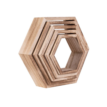 WONFUlity Hexagon Floating Shelves Honeycomb Shelves Wall Mounted Wood Farmhouse Storage Wall Shelf for Bathroom, Kitchen, Bedroom, Living Room,Driftwood Finish Decor,Light Brwon