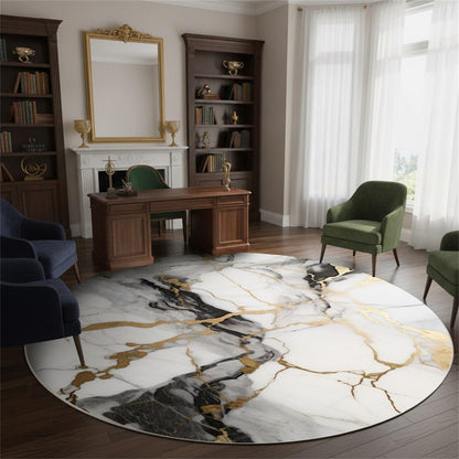 Unique Aesthetic Modern Abstract Black Grey Gold Marble Round Area Rug for Living Room Bedroom Guestroom Art Deco Luxury Circle Office Meetingroom Carpet Kitchen Nursery Playroom Floor Rug 6ft