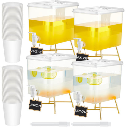LemonRoad 4 Pack Beverage Dispensers with 60 Pcs Disposable Cups Plastic Drink Dispensers With Stand for Parties Water Dispenser Cold Drink Container for Iced Tea Fridge Bar Party (2.3 Gallon)