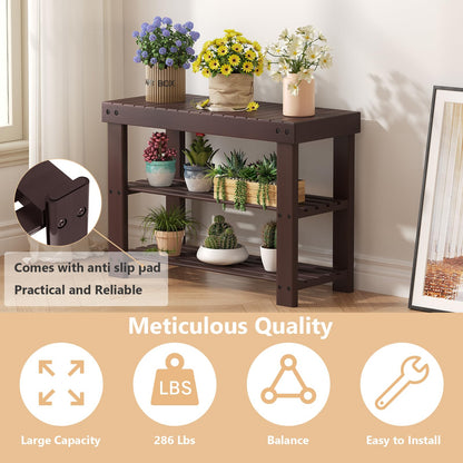NEWBULIG Shoe Rack Bench, 3-Tier Bamboo Shoe Organizer, Wooden Entryway Storage Bench, 286 lb Load Capacity, 11.2x27.6x17.9 Inches, for Entryway Bathroom Bedroom Balcony, Brown