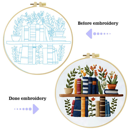 JOZYSH Beginners Stamped Books and Flowers Pattern Embroidery Kit Cross Stitch Kit Embroidery Starter Kit with Instructions, Embroidery Hoops for Home Ofiice Decor