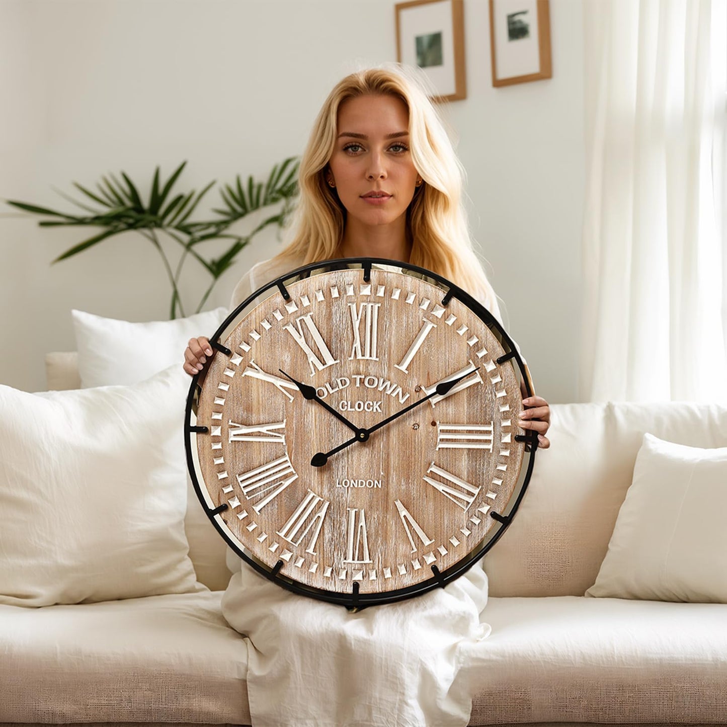 MICWIC 24 Inch Grand Farmhouse Wall Clock, Vintage-Inspired Wood & Metal Design with Large Etched Numbers, Silent Battery-Powered Timepiece for Offices, Kitchens, Bedrooms, and Living Rooms