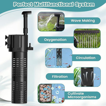 hygger Internal Aquarium Filter, 5-in-1 Submersible Power Fish Tank Filter, Adjustable Wave Maker & Air Bubbler, Quiet Turtle Tank Filter for 15-30 Gallon Freshwater Saltwater, 210GPH, 10W