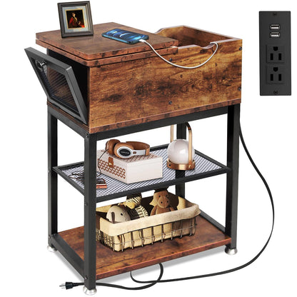End Tables for Living Room, 28 inch Tall Side Table, End Tables with USB Ports and Outlets, 8.4" Super Deep Drawer, Flip Top End Table with Charging Station, Sturdy Steel X-Shaped Frame, Holds 216lbs