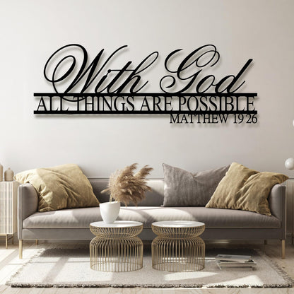 With God All Things Are Possible Metal Wall Art, Matthew 19:26, Bible Verse, Christian & Religious Wall Decor, Wedding & Housewarming Gift, Motivational Art (Black, 59"W x 21"H / 150 x 53 cm)