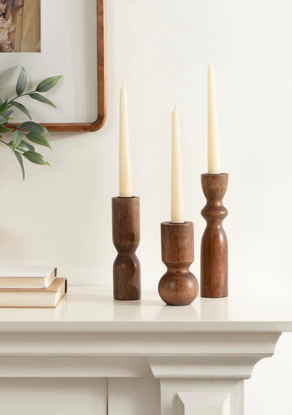 Kate and Laurel Pico Modern Three-Piece Mango Wood Taper Candle Holder Set, Set of 3, Walnut Brown, Transitional Wooden Candlestick Holders for Dining Table or Fireplace Mantel Display