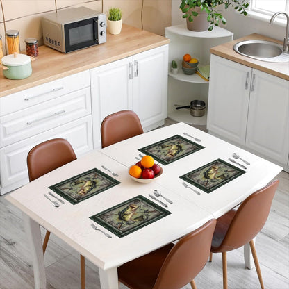 Bass Fish Placemats Set of 4,Hunting and Fishing Table Mats,Rustic Farmhouse Wooden Placemat for Kitchen Dining Table Retro Grey Green Dining Table Decor,18"x12"