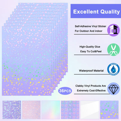 Clabby 36 Sheets Holographic Sticker Paper A4 Vinyl Holographic Laminate Sheets Self Adhesive Waterproof Transparent Film, 11.7 x 8.3 inches(Gem, Dot, Colorful, Star, Heart, Glossy Clear)