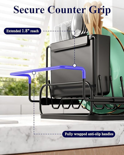 Kitsure Dish Drying Rack - Expandable Dish Rack for Kitchen Counter, Over Sink Or in Sink, Space-Saving Plates Dryer with Cutlery Holder & Drip Tray, 14.0"-20.9" L x 6.3" W x 8.0" H, Black