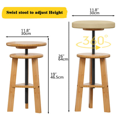 Trironsun Adjustable Height Bamboo Drafting Stool with Canvas Padded Seat 19"–26" Swivel Drafting Chair for Drawing, Painting, Office, Kitchen, or Home Studio Natural Finish