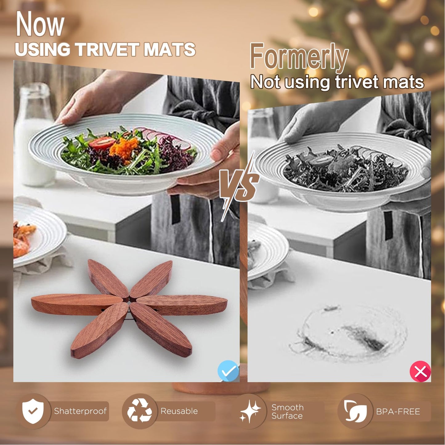 Wooden Trivets for Hot Dishes,Tree Trivet Set,Tree Coasters Set of 4,Treevet Coaster Set,Trivets for hot pots and Pans，4 treevot Coaster +1 Stand for Pot, Bowl, Teapot (Walnut Wood, 4Trivet)