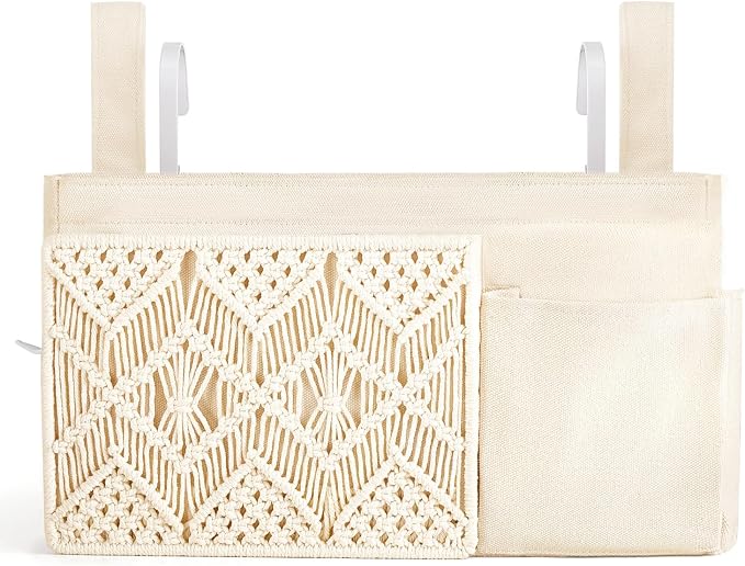 Mkono Bedside Caddy Hanging Organizer, Boho Macrame Storage with Fixed Straps and Hooks, 4 Pockets Holder Remote Magazine Accessories for Home Loft Bunk Bed, Dorm, Hospital Beds
