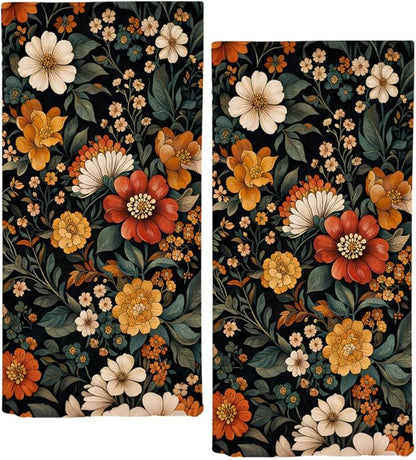 Boho Floral Hand Towels Set of 2 Mid Century Flower Kitchen Towels Decorative
