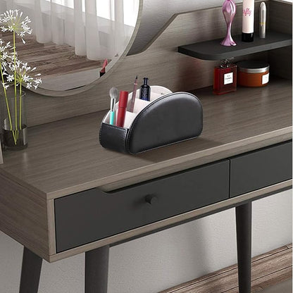 All-in-One Leather TV Remote Control Holder Black with 5 Compartments Nightstand Desktop DVD Media Player Remote Caddy Storage Box Organizer Tray For Makeup Brush Pen Stationary Table Controllers