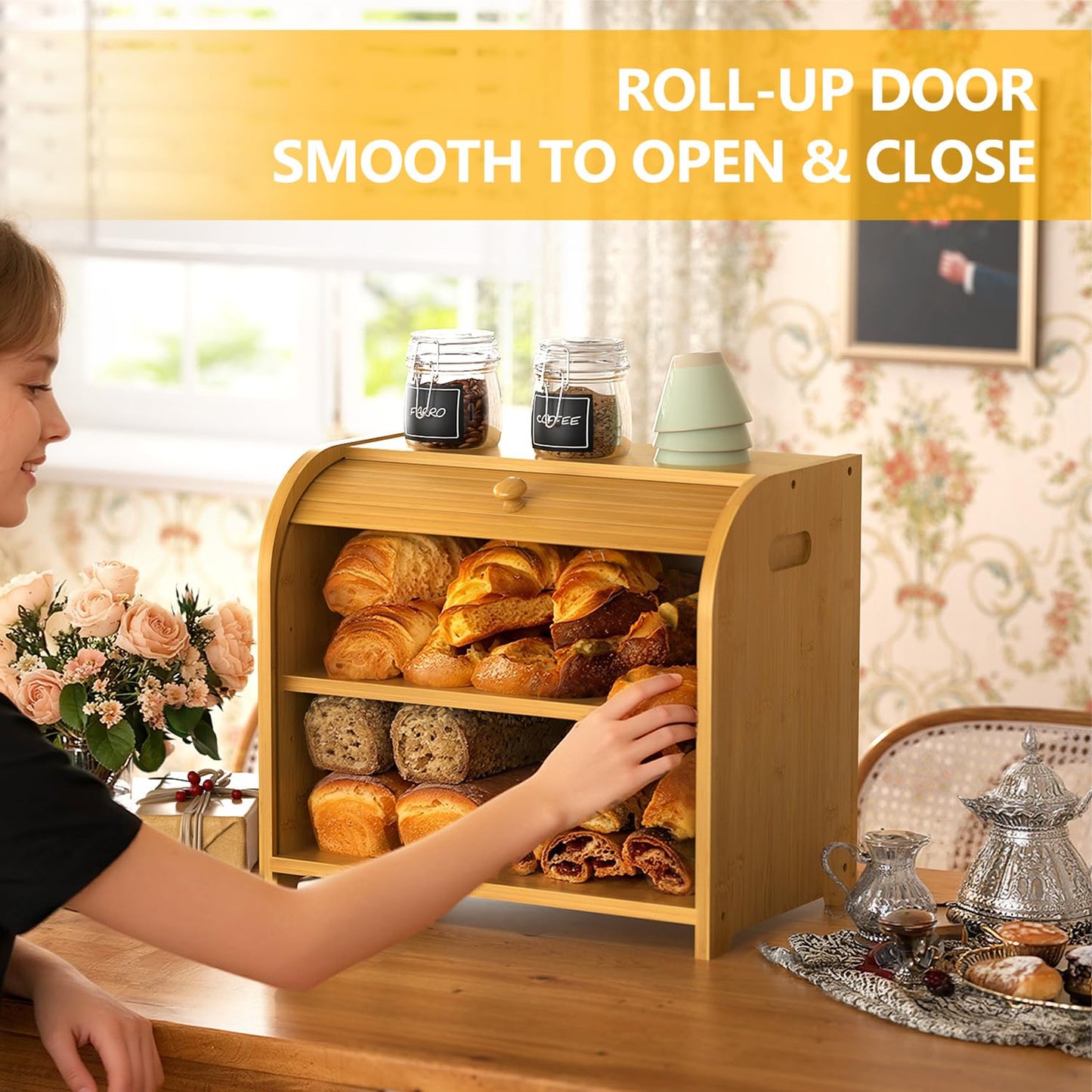 Bambition Bamboo Bread Box for Kitchen Countertop, Roll Top Bread Box for Homemade Bread, Double Layer Bread Storage Container