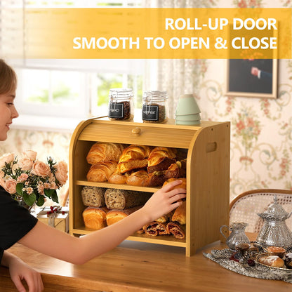Bambition Bamboo Bread Box for Kitchen Countertop, Roll Top Bread Box for Homemade Bread, Double Layer Bread Storage Container