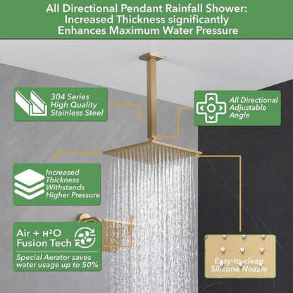 VANFOXLE Shower Faucet Set Brushed Gold Shower System, Push Button Diverter Shower Faucet with Trim Kit, Ceiling Mount 10 Inch Shower Head Increased Thick, 6 Inch Side Shower Head, 2-in-1 Handheld