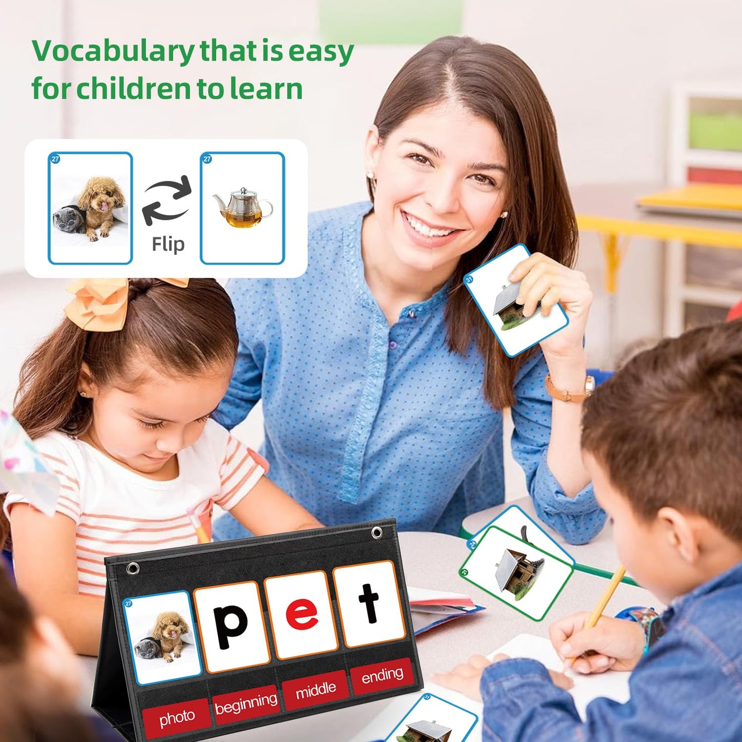 ANSTROUT CVC Word Builder Desktop Pocket Chart with 107 Phonics Flash Cards, Kids Word Builder Games for Learn to Read CVC CVCC CCVC Words, Phonics Learning Tool for Preschool Kindergarten Classroom.