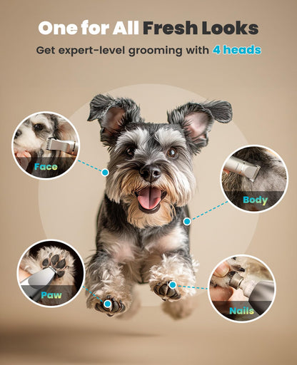 oneisall 4 in 1 Dog Grooming Kit with LCD Display, Dog Hair Trimmer for Paw Nail Grinder, Rechargeable Cordless Low Noise IPX7 Waterproof Pet Clippers