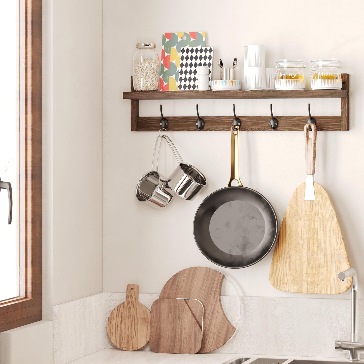 AMBIRD 28.9 Inch Length Shelf with Hooks Entryway Coat Rack Wall Mount Wood Coat Hooks with Shelf Wall-Mounted Coat Hook Rack with 5 Dual Hooks for Bathroom, Living Room, Bedroom (Brown)
