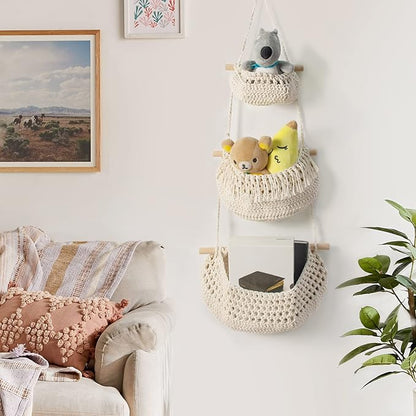 Hanging Fruit Basket, 3 Tier Over The Door Organizer, Handmade Woven Cotton